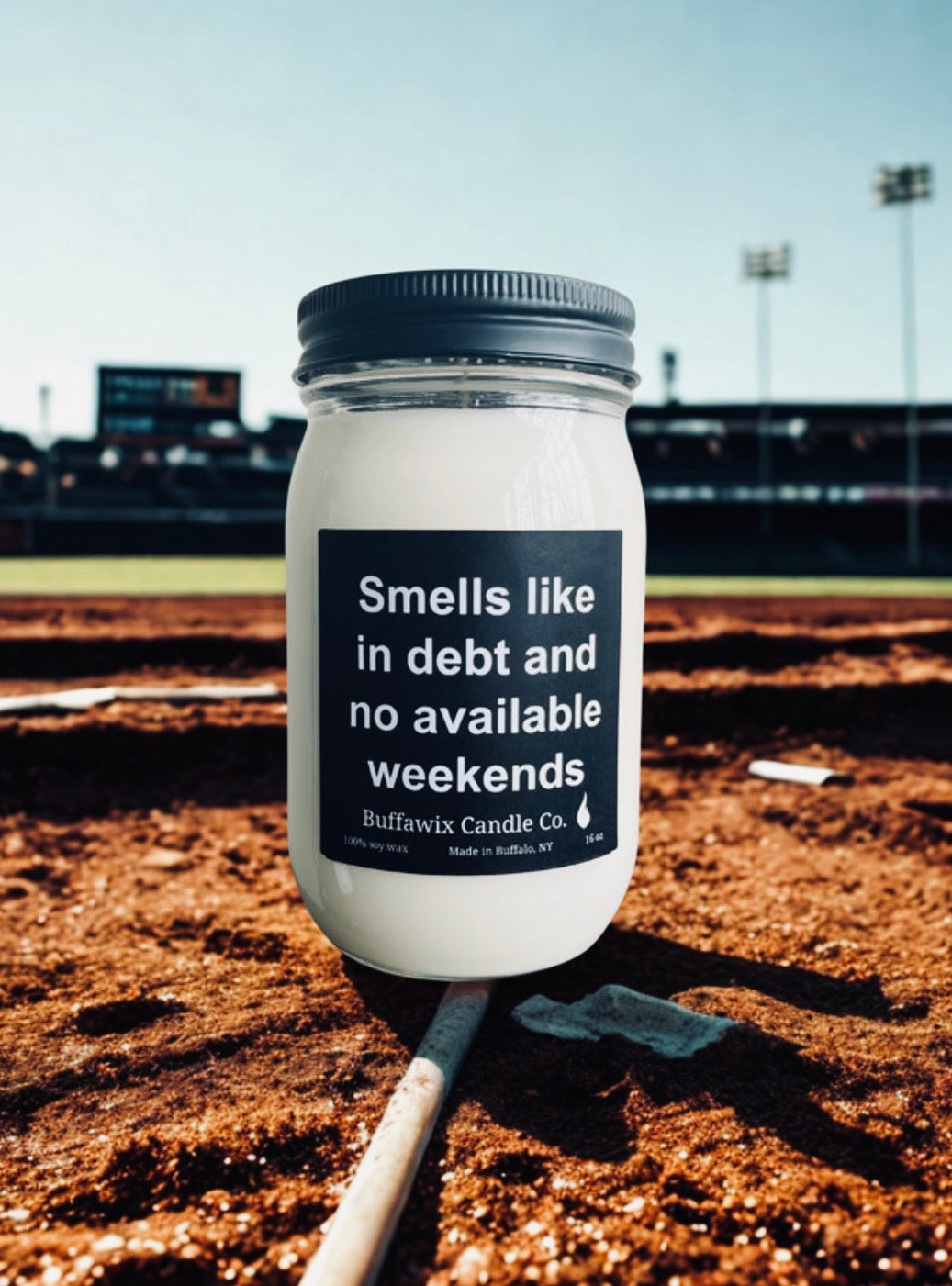 16oz smells like in debt and no available weekends pure soy candle