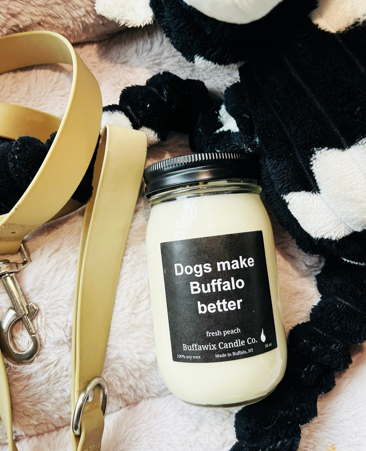 16oz Dogs make Buffalo better fresh peach scented pure soy candle