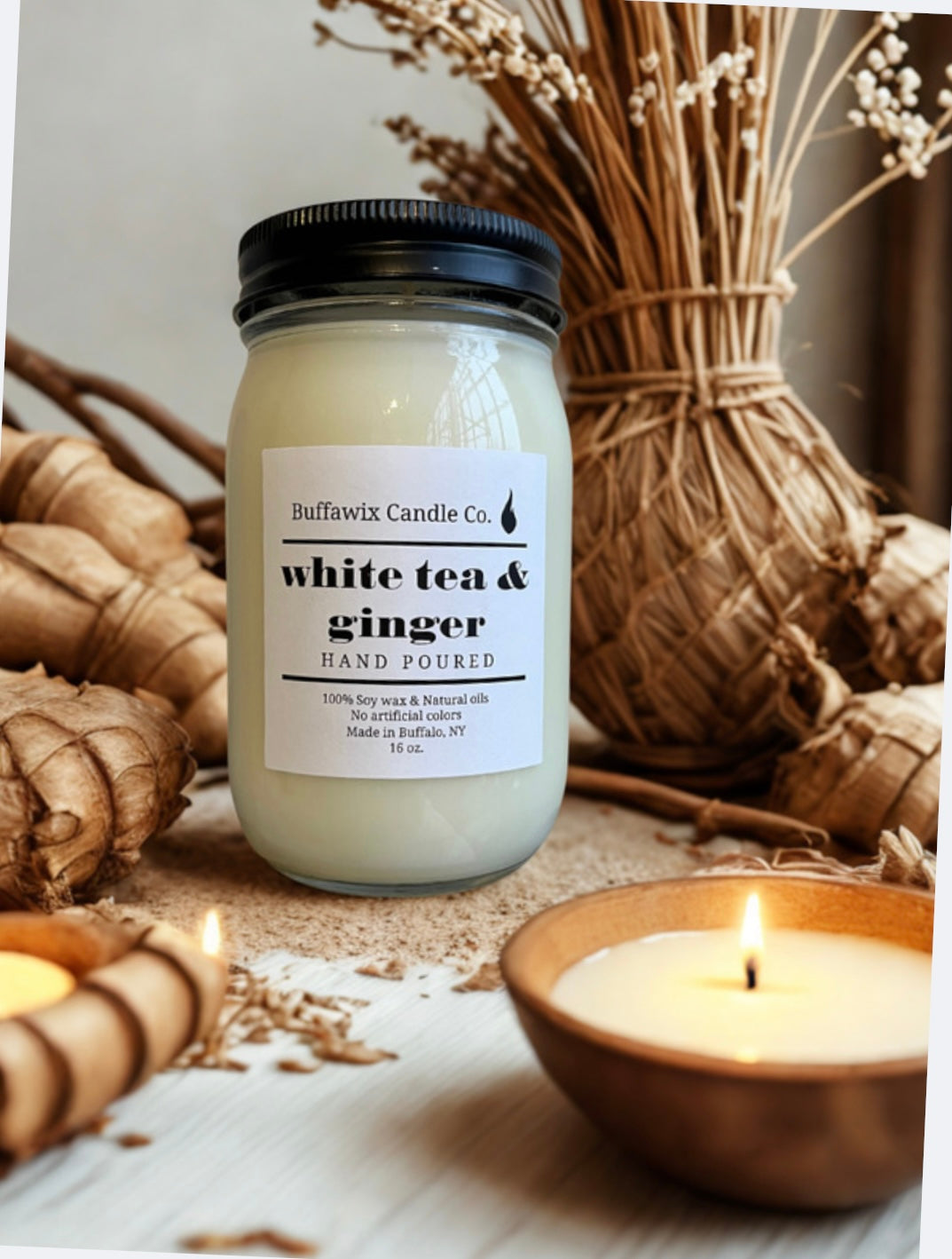 16oz white tea & ginger pure soy candle